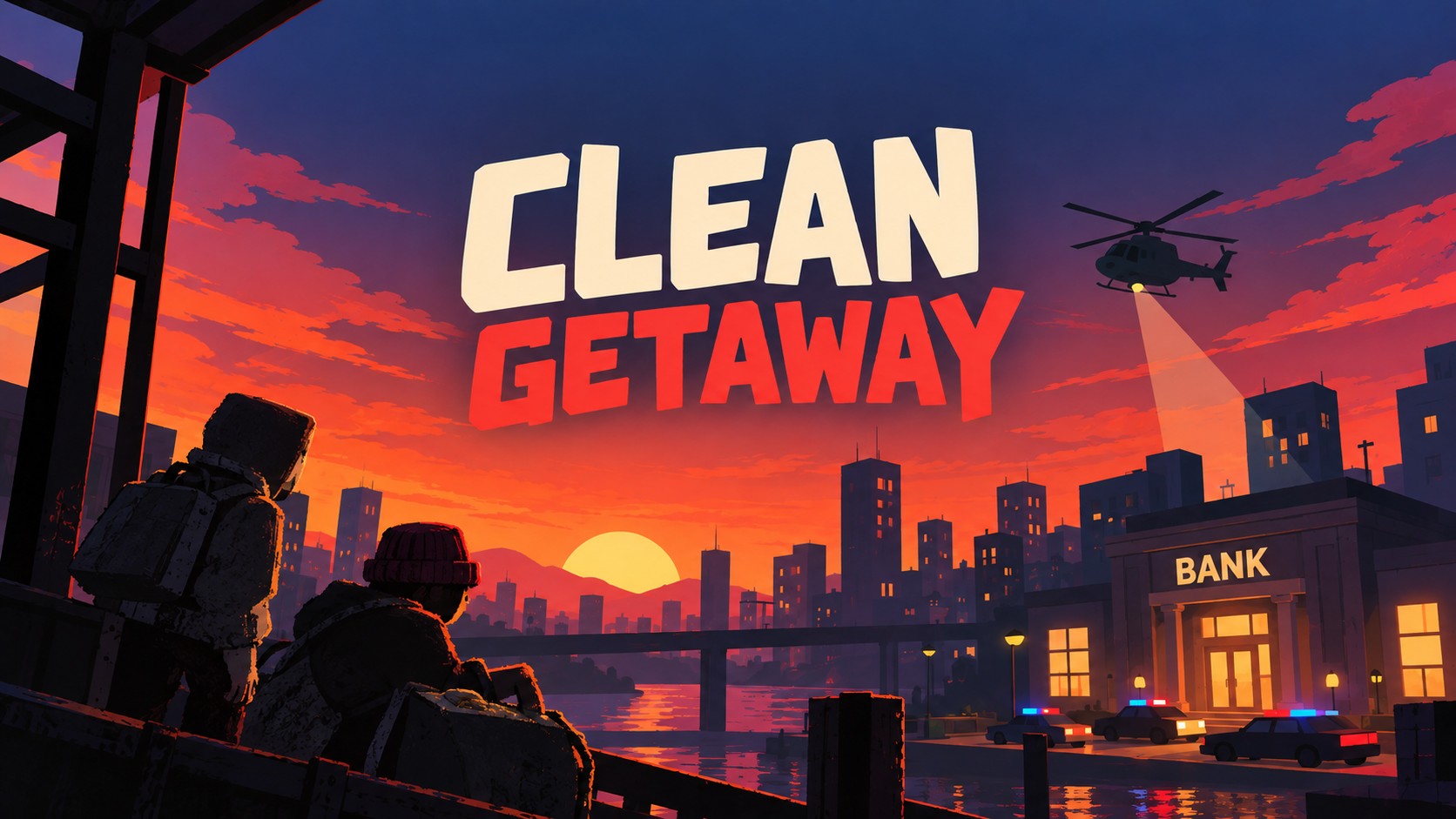 Clean Getaway key art: a masked robber on a rooftop above a lit-up city